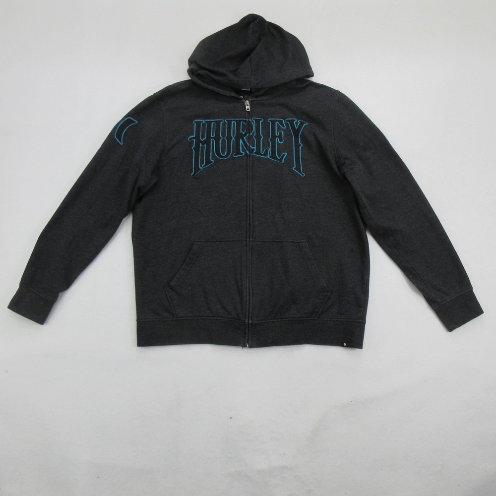 Hurley Men's Hoodie Size XL Full Zip Charcoal Gray Embroidered Logo Sweatshirt